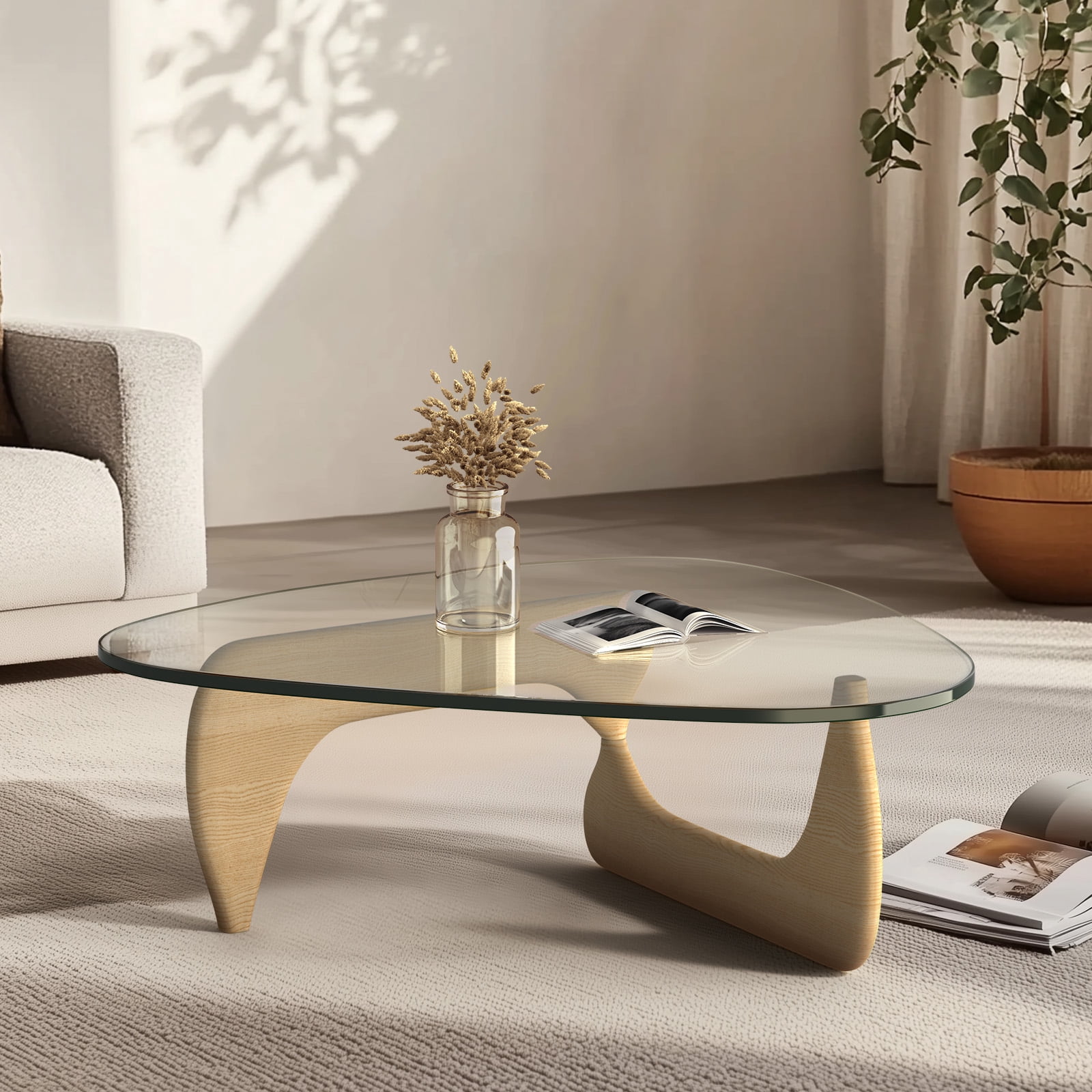 Cottinch 50" Triangle Glass Coffee Table with Wood Base for Living Room Office, Light Walnut, Natural Wood