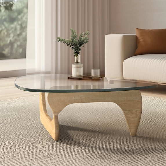 Cottinch 50" Triangle Glass Coffee Table with Wood Base for Living Room Office, Light Walnut, Natural Wood