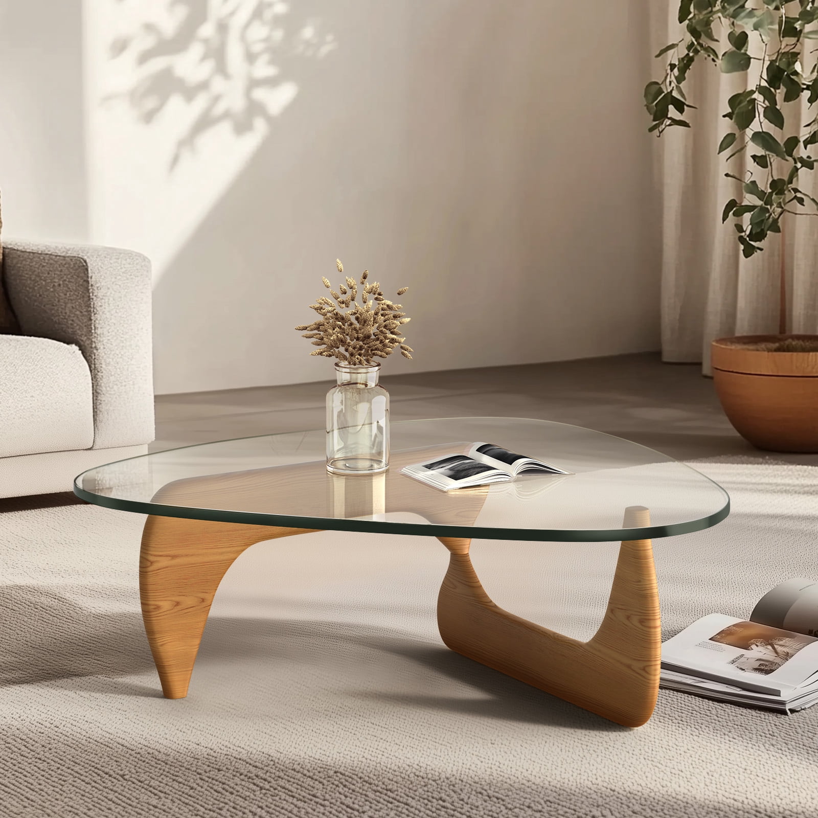 Cottinch 50" Triangle Glass Coffee Table with Wood Base for Living Room Office, Light Walnut