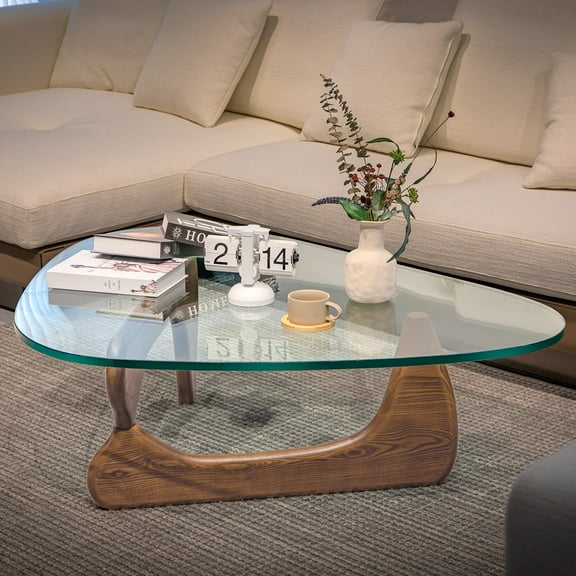 Cottinch 50" Triangle Glass Coffee Table with Wood Base for Living Room Office, Light Walnut