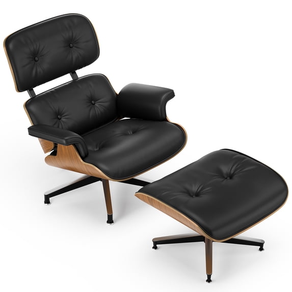 Cottinch Top Black Grain Leather, Mid Century Chaise Lounge Chair and Ottoman, Modern Leather Accent Chair, Heavy Duty Base Support for Living Room Office, Walnut Black