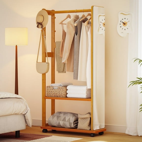 Cottinch Full Length Mirror with Coat Rack, 63"x 12" Bamboo Full Body Mirror Stand with Storage, 5-in-1 Standing Mirror Swivel Mirror for Entryway Bedroom Living Room