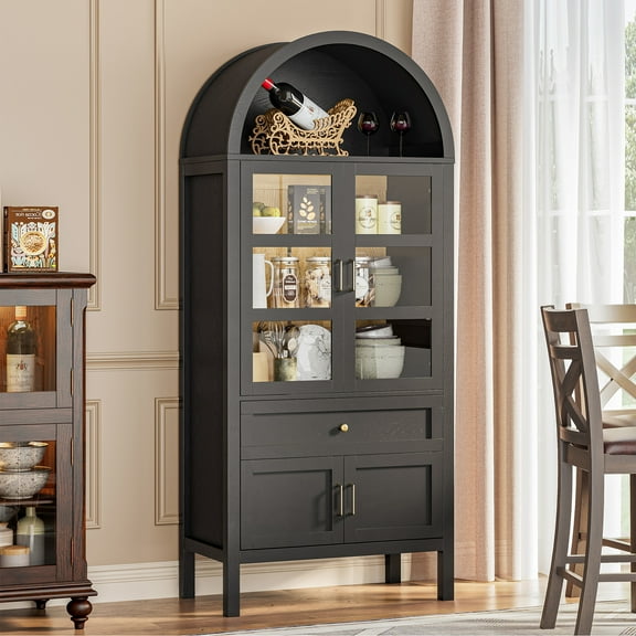 Cottinch 71" Tall Wood Display Cabinet with Glass Doors and Adjustable Shelves & LED Lights Arched Cabinet China Cabinet,Black