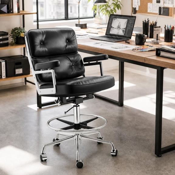 Cottinch Genuine Leather Drafting Chair, UltraSoft Padded Office Chair for Standing Desk, Memory Foam Cushion, Lumbar Support, Tilt Function, 300 lbs