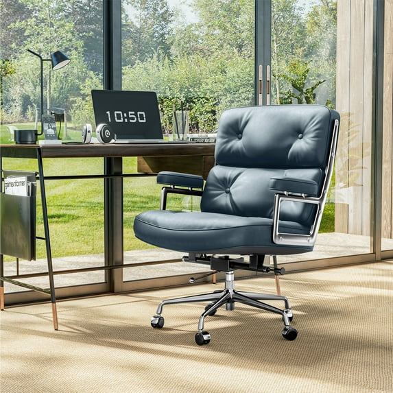 Cottinch Genuine Leather Office Chair Mid Back Ergonomic Desk Chair Padded Executive Office Chair with Aluminum Arm Rest Swivel Rolling Computer Armchair for Home Office, Blue