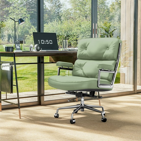 Cottinch Genuine Leather Office Chair Mid Back Ergonomic Desk Chair Padded Executive Office Chair with Aluminum Arm Rest Swivel Rolling Computer Armchair for Home Office, Green