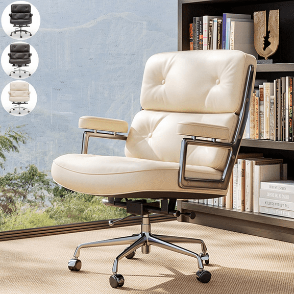 Cottinch Genuine Leather Office Chair Mid Back Ergonomic Desk Chair Padded Executive Office Chair with Aluminum Arm Rest Swivel Rolling Computer Armchair for Home Office, White