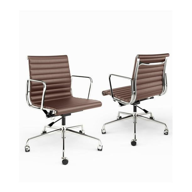Cottinch Mid Back Ergonomic Office Chair Ribbed Genuine Leather Adjustable Computer Chair Brown 1pc Walmart Business Supplies