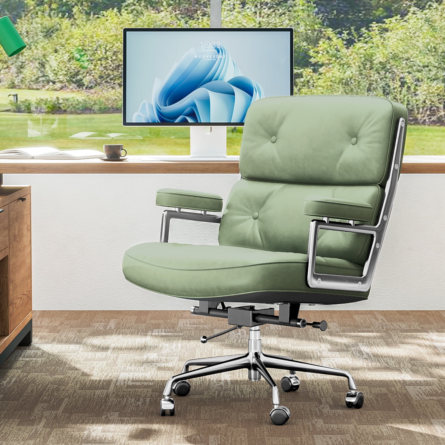 Cottinch Mid Back Genuine Leather Office Chair, Executive Desk Chairs with Aluminum Arms & Thickened Backrest, Ergonomic Office Chair Swivel Office Leather Chair with Lumbar Support, Green