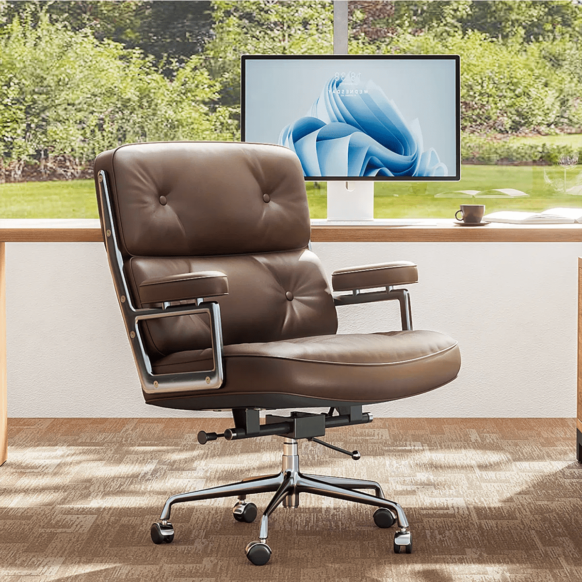 Cottinch Mid Back Genuine Leather Office Chair, Executive Desk Chairs with Aluminum Arms & Thickened Backrest, Ergonomic Office Chair Swivel Office Leather Chair with Lumbar Support, Brown