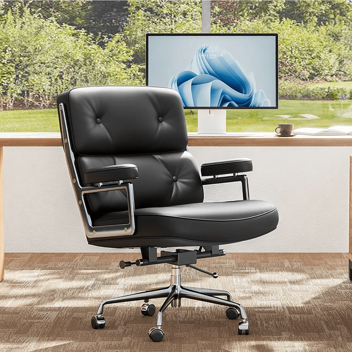 Cottinch Mid Back Genuine Leather Office Chair, Executive Desk Chairs with Aluminum Arms & Thickened Backrest, Ergonomic Office Chair Swivel Office Leather Chair with Lumbar Support, Black