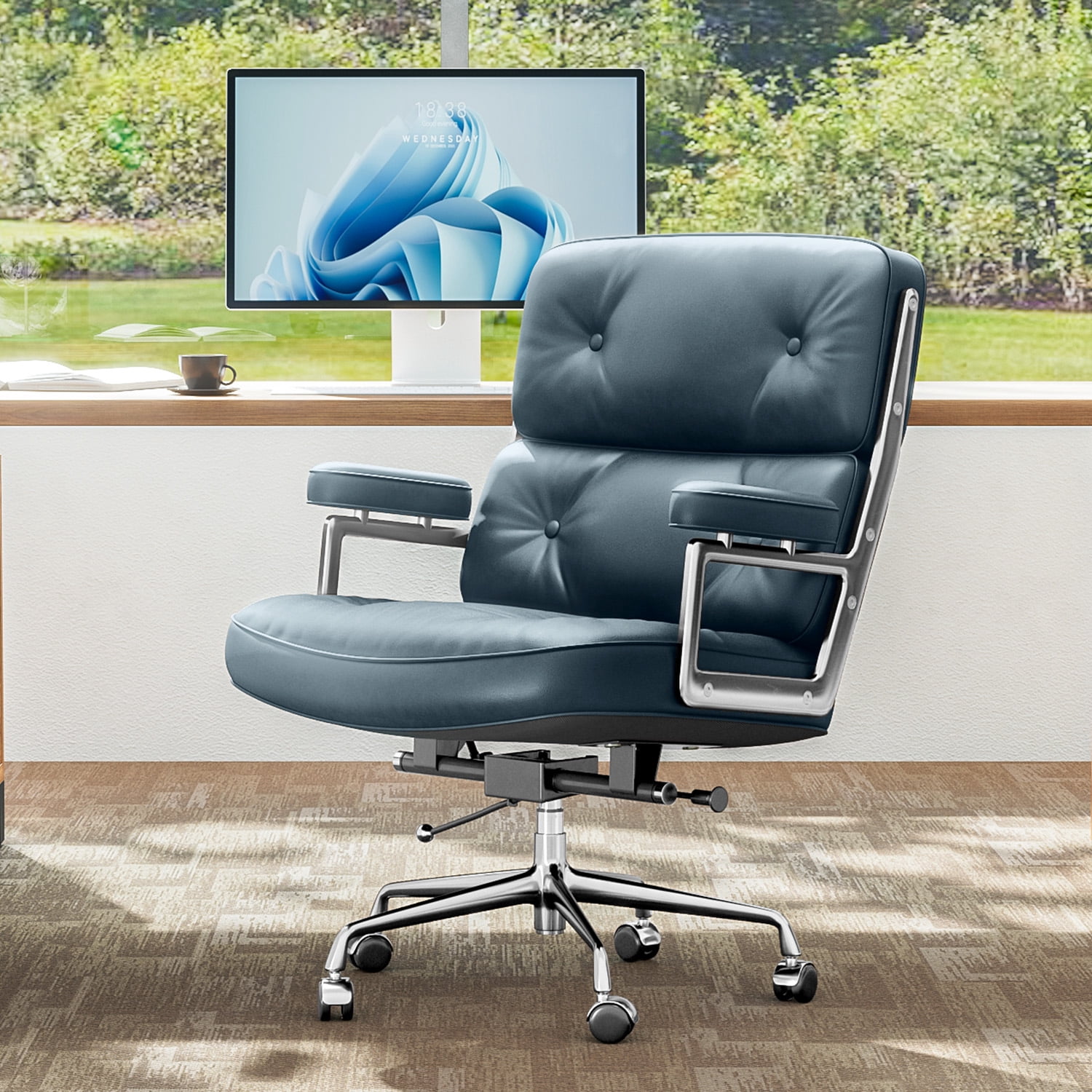 Cottinch Mid Back Genuine Leather Office Chair, Executive Desk Chairs with Aluminum Arms & Thickened Backrest, Ergonomic Office Chair Swivel Office Leather Chair with Lumbar Support, Blue