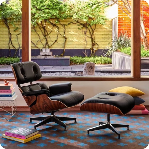 Cottinch Mid Century Chaise Lounge Chair and Ottoman, Modern Accent Chair Upholstered Swivel Armchair for Living Room Office, Top Grain Leather, Wood Frame, Meatal Base, Rosewood Black