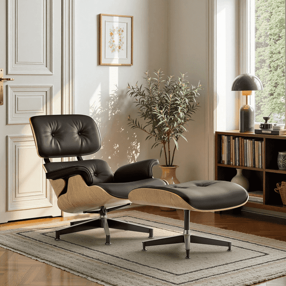 Cottinch Mid Century Chaise Lounge Chair and Ottoman, Modern Accent Chair Upholstered Swivel Armchair for Living Room Office, Top Grain Leather, Wood Frame, Meatal Base, Black