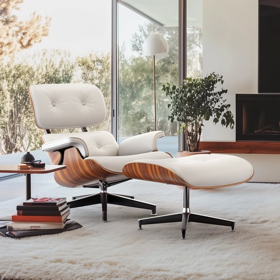 Cottinch Mid Century Chaise Lounge Chair with Ottoman, Modern PU Leather Accent Chair Swivel Armchair with Metal Base for Living Room, Top PU Leather, Rosewood White