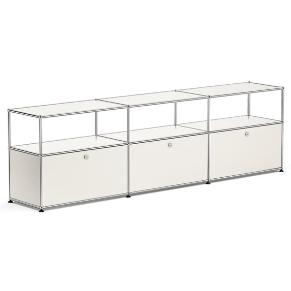 Cottinch Modern Metal TV Stand, 3‑Compartment Low Media Console Credenza with Flip Doors for Living Room, Bedroom, Office, White