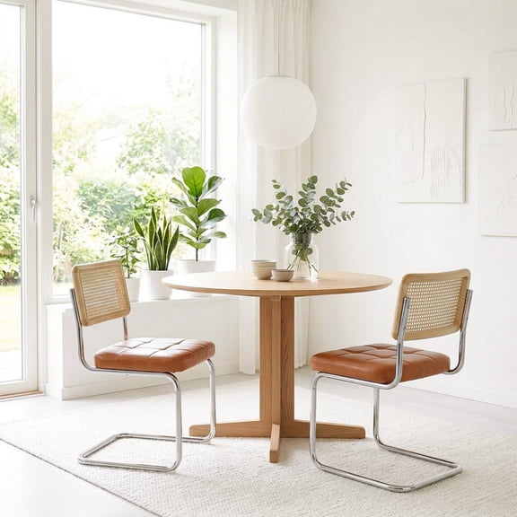 Cottinch Natural Rattan Dining Chairs Set of 2, Mid Century Modern Dining Room Chairs with Chrome Leg, Faux Leather Kitchen Chair with Wood Back,Brown