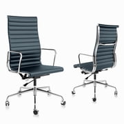 Cottinch Ribbed Genuine Leather Office Chair, High Back Executive Conference Chair Adjustable Ergonomic Computer Chair Blue 1PC