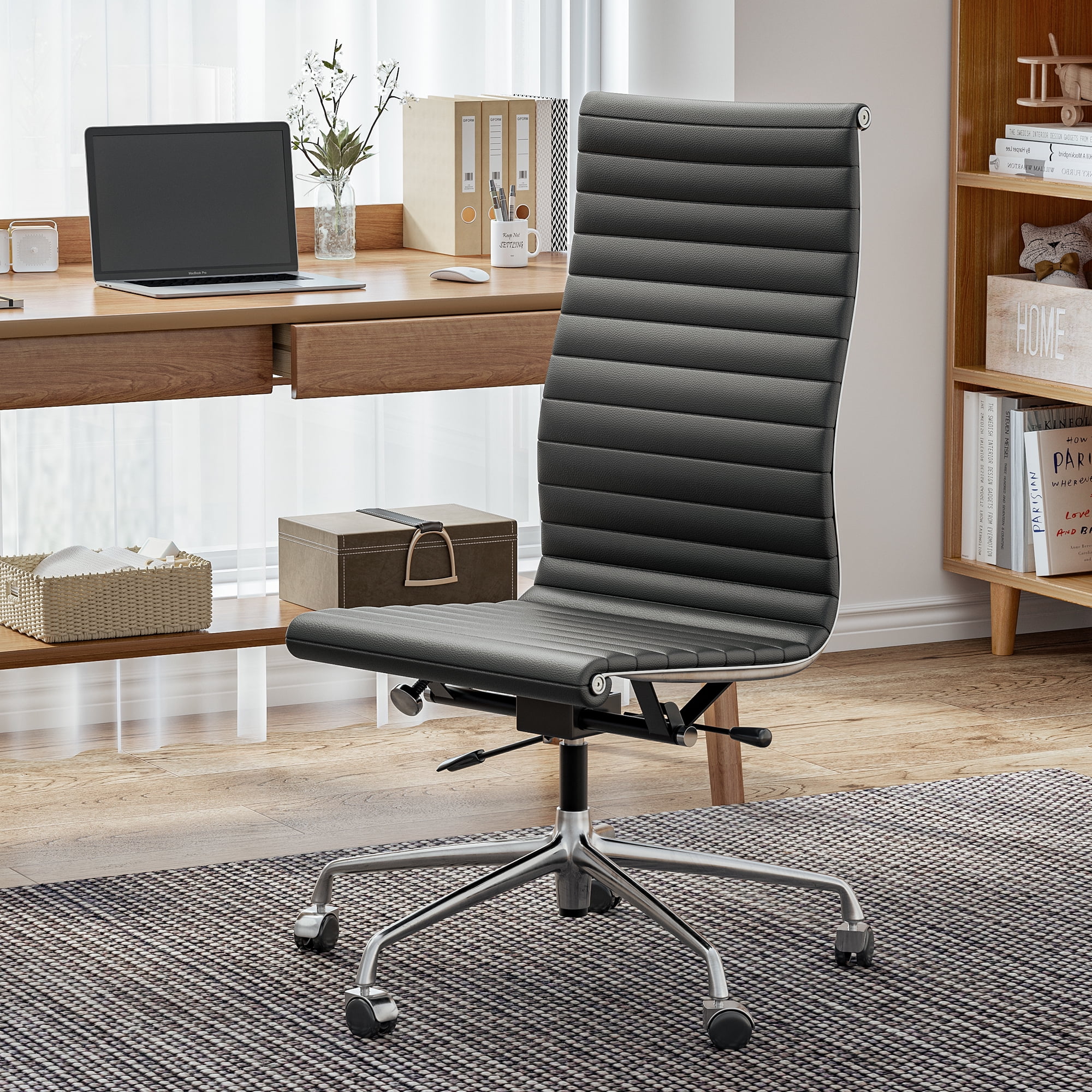Cottinch Ribbed Office Chair High Back Armless Genuine Leather Ergonomic Desk Chair, Adjustable Height Executive Conference Task Chair Swivel Chair for Home Office, Black
