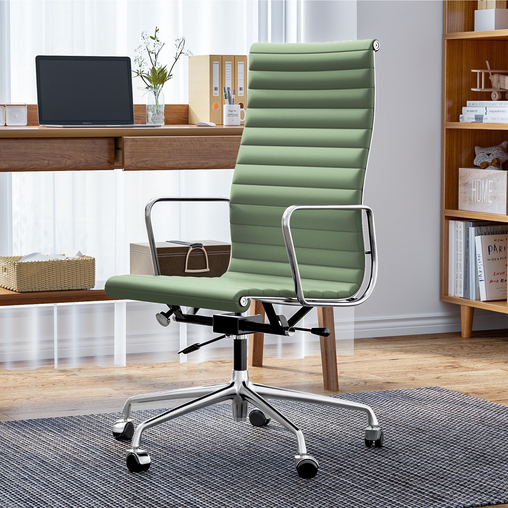 Cottinch Ribbed Office Chair High Back Genuine Leather Ergonomic Desk Chair with Arms, Adjustable Height Executive Conference Task Chair Swivel Chair for Home Office, Green