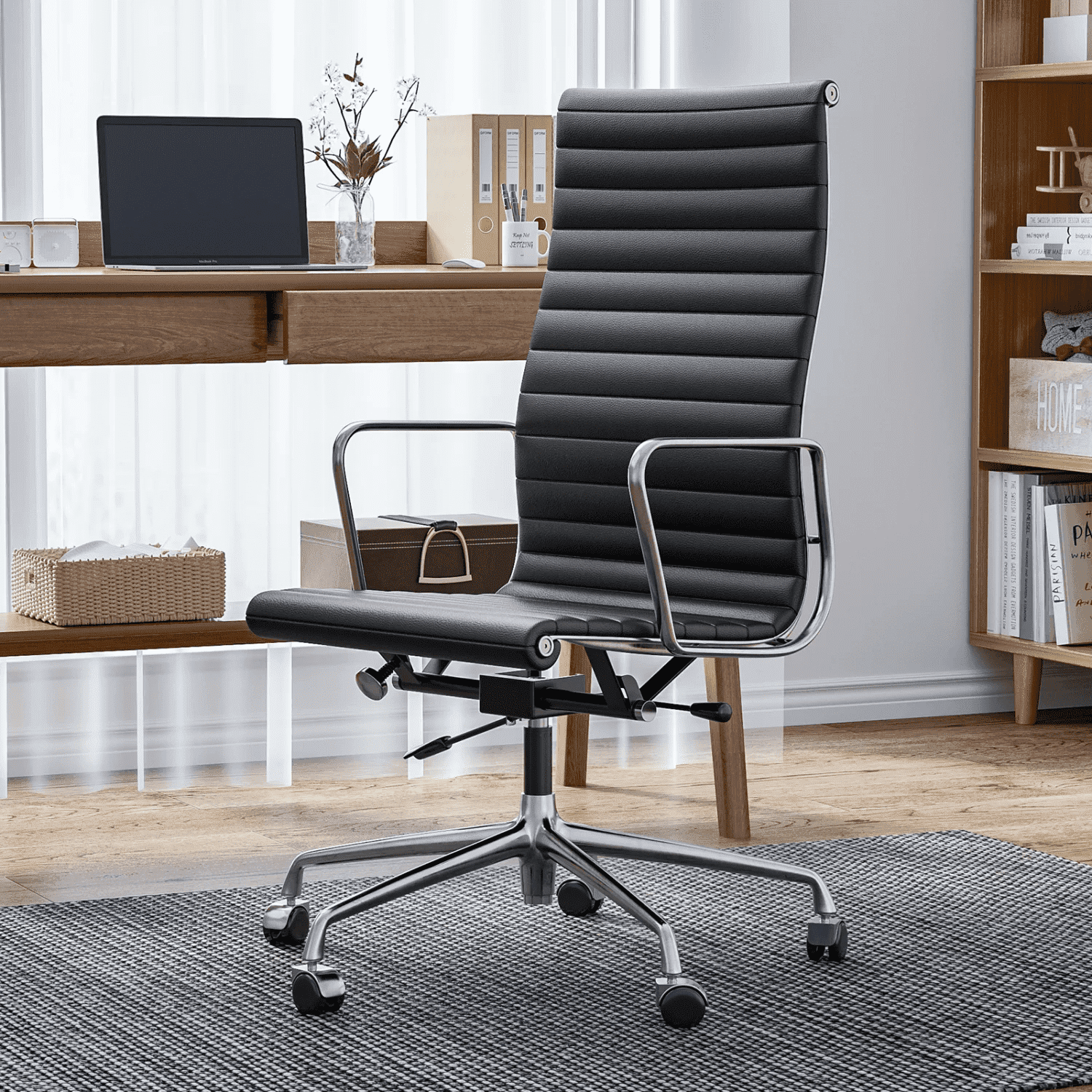 Cottinch Ribbed Office Chair High Back Genuine Leather Ergonomic Desk Chair with Arms, Adjustable Height Executive Conference Task Chair Swivel Chair for Home Office, Black
