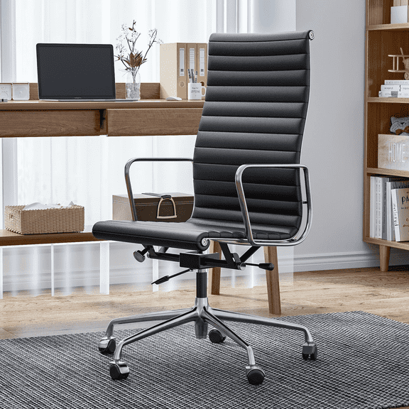 Cottinch Ribbed Office Chair High Back Genuine Leather Ergonomic Desk Chair with Arms, Adjustable Height Executive Conference Task Chair Swivel Chair for Home Office, Black