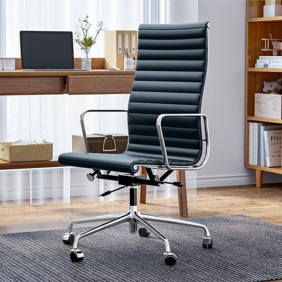 Cottinch Ribbed Office Chair High Back Genuine Leather Ergonomic Desk Chair with Arms, Adjustable Height Executive Conference Task Chair Swivel Chair for Home Office, Blue