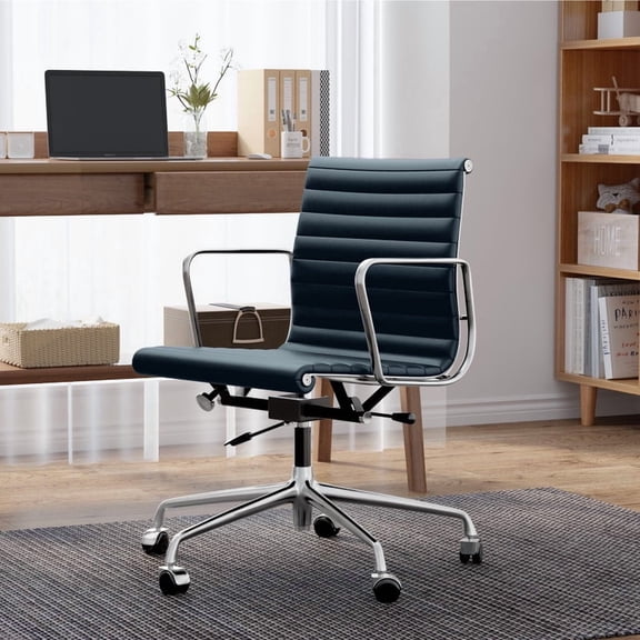 Cottinch Ribbed Office Chair Mid Back Genuine Leather Ergonomic Desk Chair with Arms, Adjustable Height Executive Conference Task Chair Swivel Chair for Home Office, White