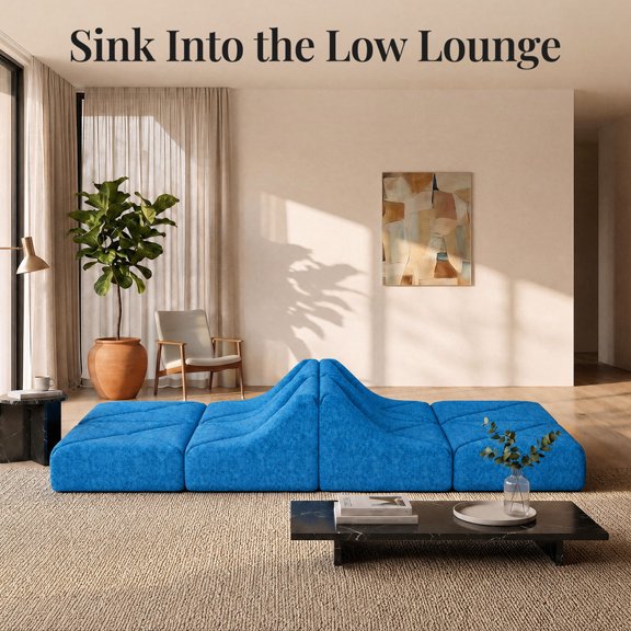 Cottinch Sculptural Modular Sectional Sofa, Triangle Tufted Low Profile Floor Couch for Living Room, 8 Pieces Sofa Set, Blue