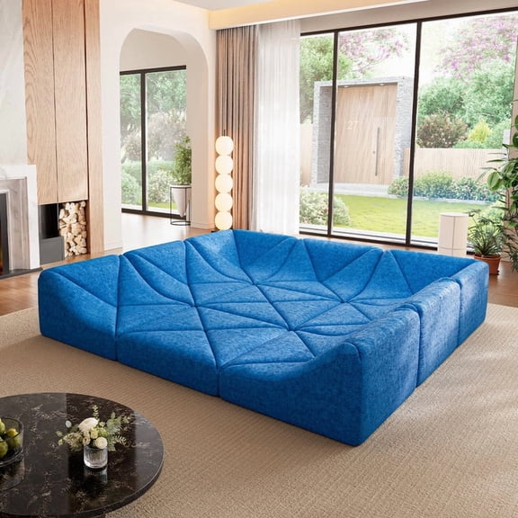 Cottinch Sculptural Modular Sectional Sofa, Triangle Tufted Low Profile Floor Couch for Living Room, 9 Pieces U Shaped Sofa Set, Blue