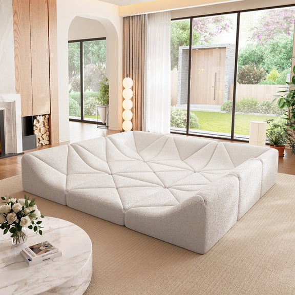 Cottinch Sculptural Modular Sectional Sofa, Triangle Tufted Low Profile Floor Couch for Living Room, 9 Pieces U Shaped Sofa Set, White