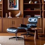 Cottinch Modern Classic Genuine Leather Swivel Lounge Chair with Ottoman for Living Room, Solid Wood Accent Chair, Walnut/Black