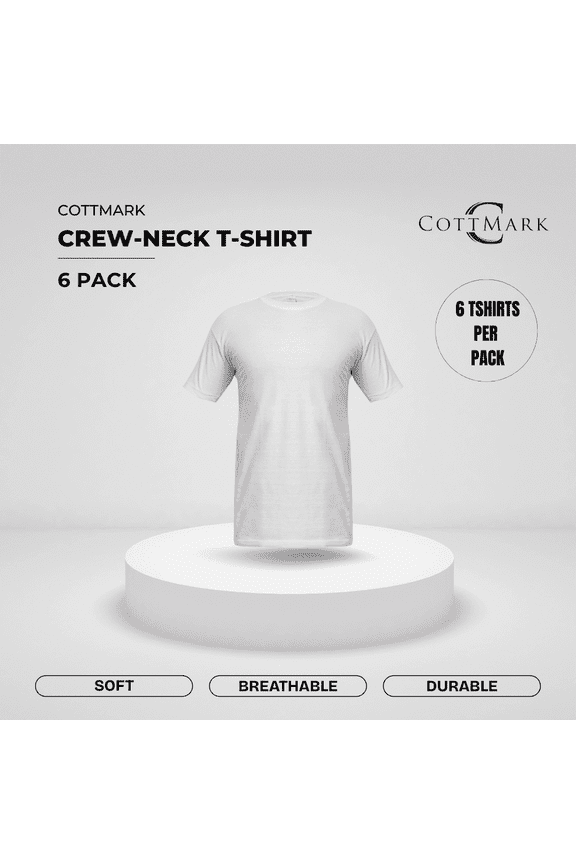 Men’s Crew Neck Classic Soft T-Shirt, White, Size 3XL, 6-Pack