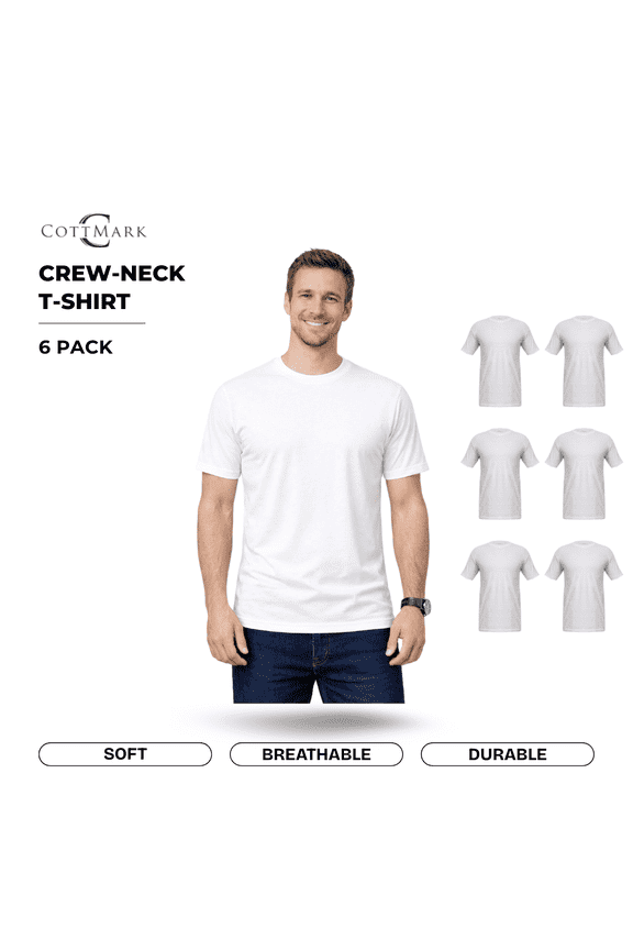 Men’s Crew Neck Classic Soft T-Shirt, White, Size 4XL, 6-Pack
