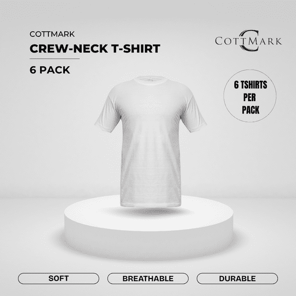 Cottmark Men’s Crew Neck Classic Soft T-Shirt, White, Size S, 6-Pack