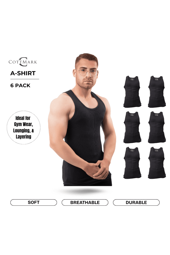 Cottmark Men’s A-Shirt Tank Top, Black, Size L, 6-Pack