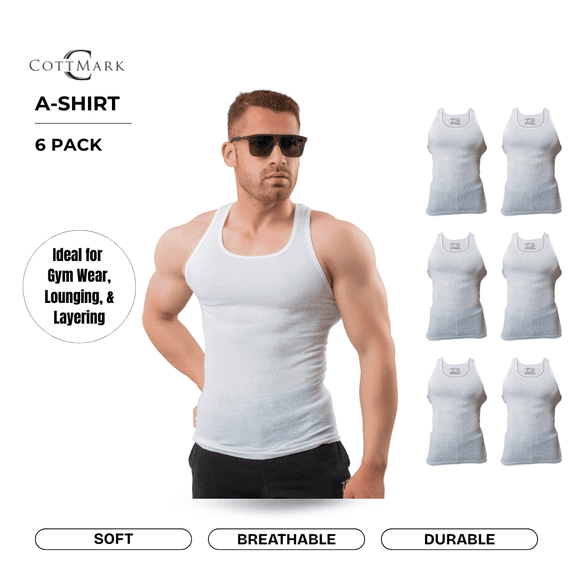 Cottmark Men’s A-Shirt Tank Top, White, Size 2XL, 6-Pack
