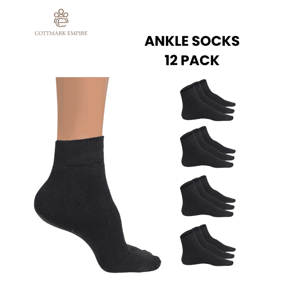 Cottmark Men’s Ankle Socks, Cushioned Comfort Fit, Black, 12-Pack, Size 10-13