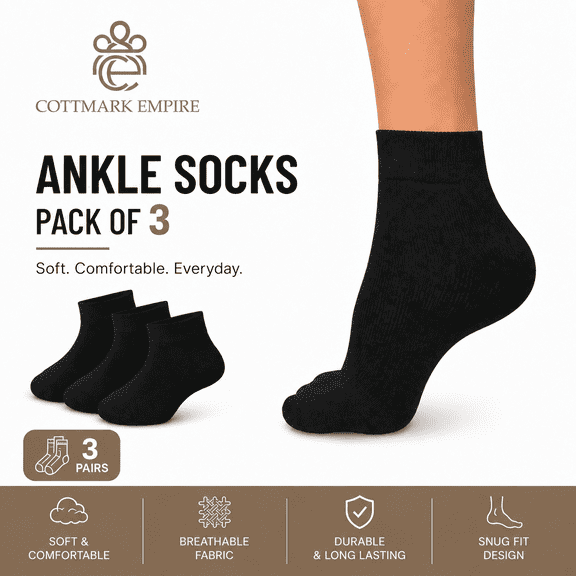Cottmark Men’s Ankle Socks, Cushioned Comfort Fit, Black, 3-Pack, Size 10-13