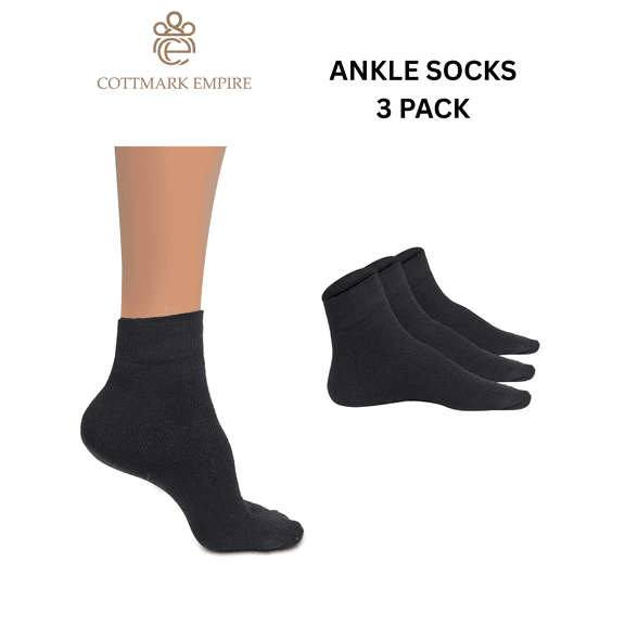 Cottmark Men’s Ankle Socks, Cushioned Comfort Fit, Black, 3-Pack, Size 10-13
