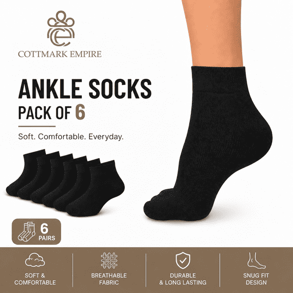 Cottmark Men’s Ankle Socks, Cushioned Comfort Fit, Black, 6-Pack, Size 10-13