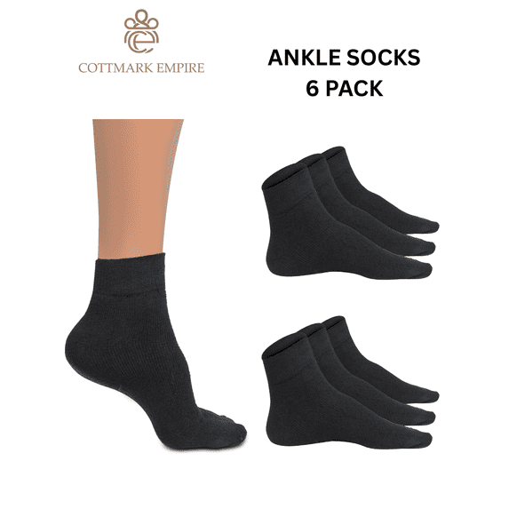 Cottmark Men’s Ankle Socks, Cushioned Comfort Fit, Black, 6-Pack, Size 10-13
