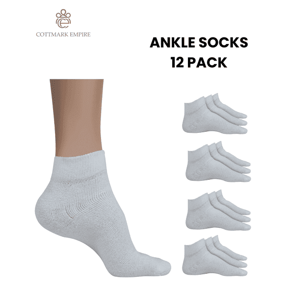 Cottmark Men’s Ankle Socks, Cushioned Comfort Fit, White, 12-Pack, Size 10-13