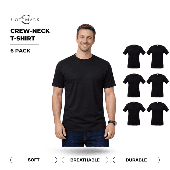 Cottmark Men’s Crew Neck Classic Soft T-Shirt, Black, Size 3XL, 6-Pack