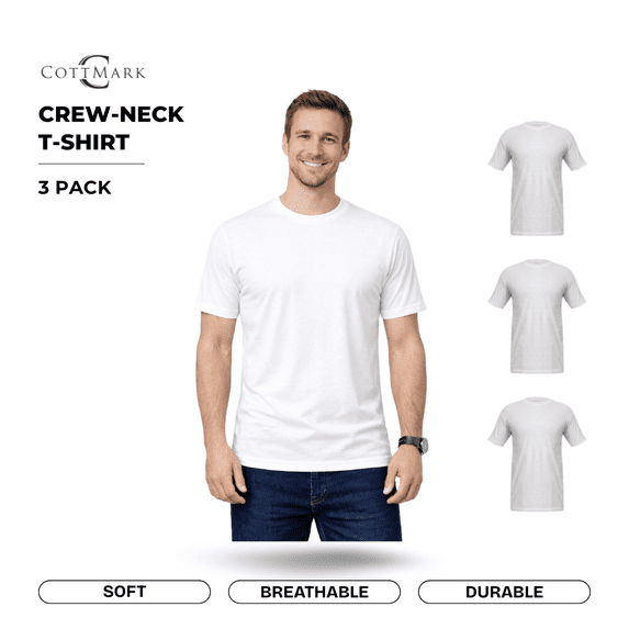 Cottmark Men’s Crew Neck Classic Soft T-Shirt, White, Size L, 3-Pack