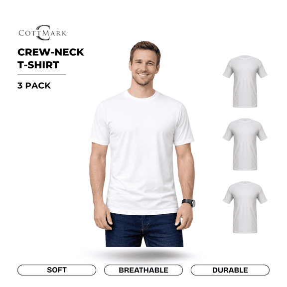 Cottmark Men’s Crew Neck Classic Soft T-Shirt, White, Size L, 3-Pack