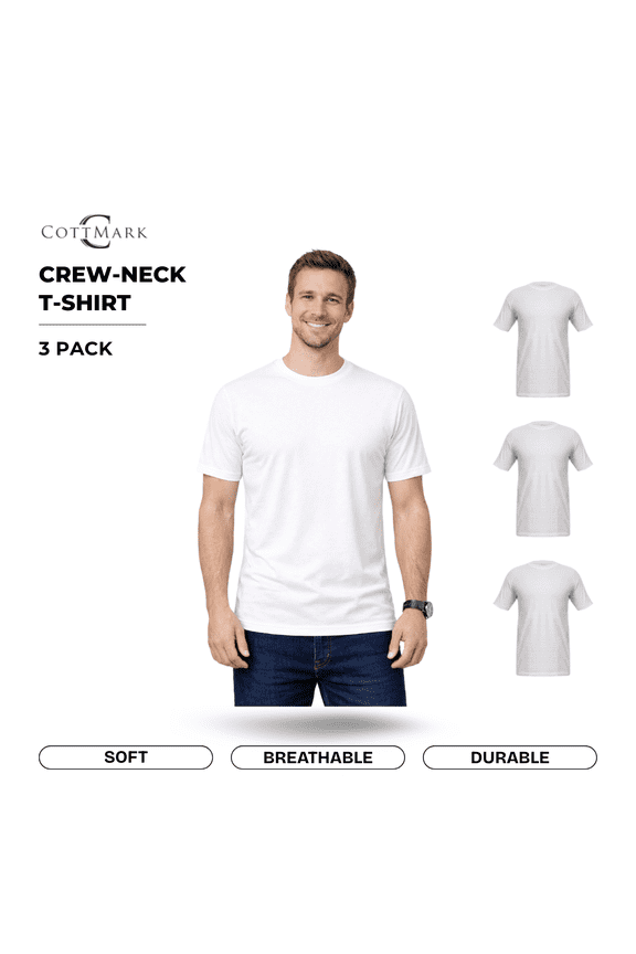 Men’s Crew Neck Classic Soft T-Shirt, White, Size L, 3-Pack