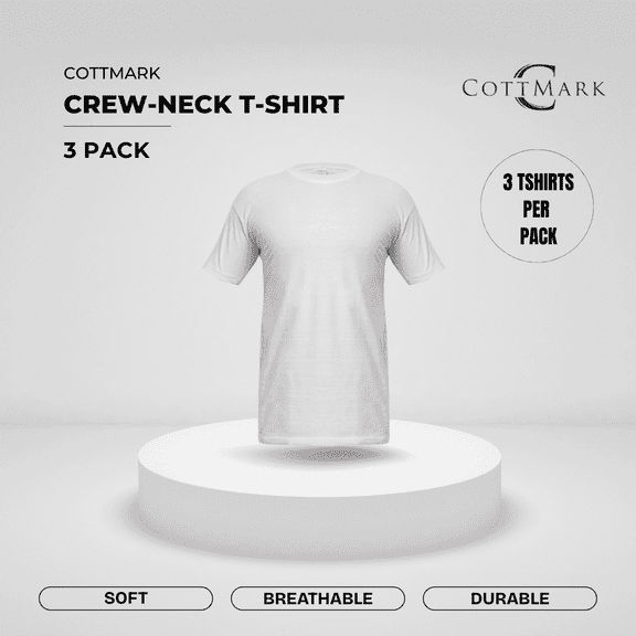 Cottmark Men’s Crew Neck Classic Soft T-Shirt, White, Size L, 3-Pack