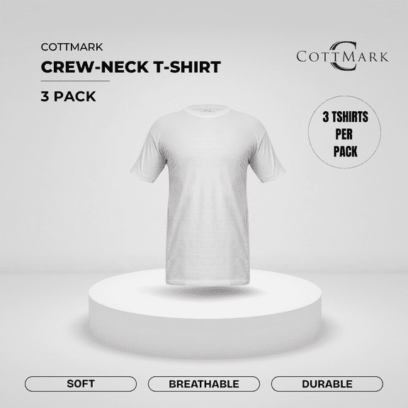 Cottmark Men’s Crew Neck Classic Soft T-Shirt, White, Size L, 3-Pack