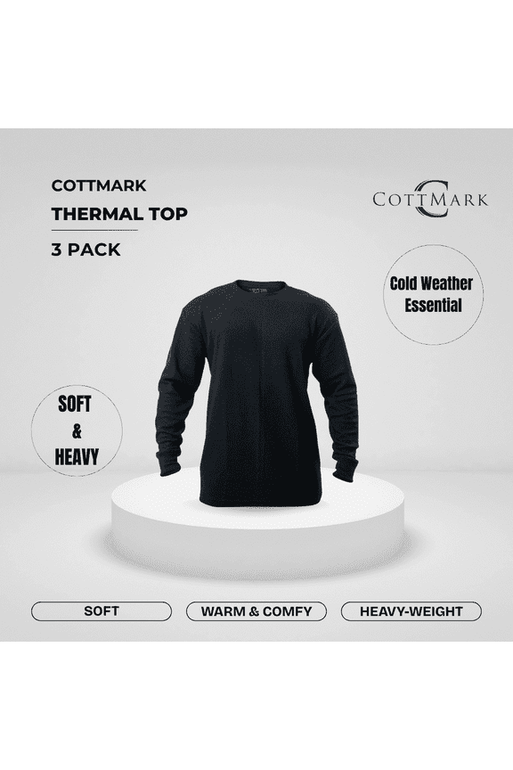 Men’s Crew Neck Thermal Top, Black, Size M, 3-Pack